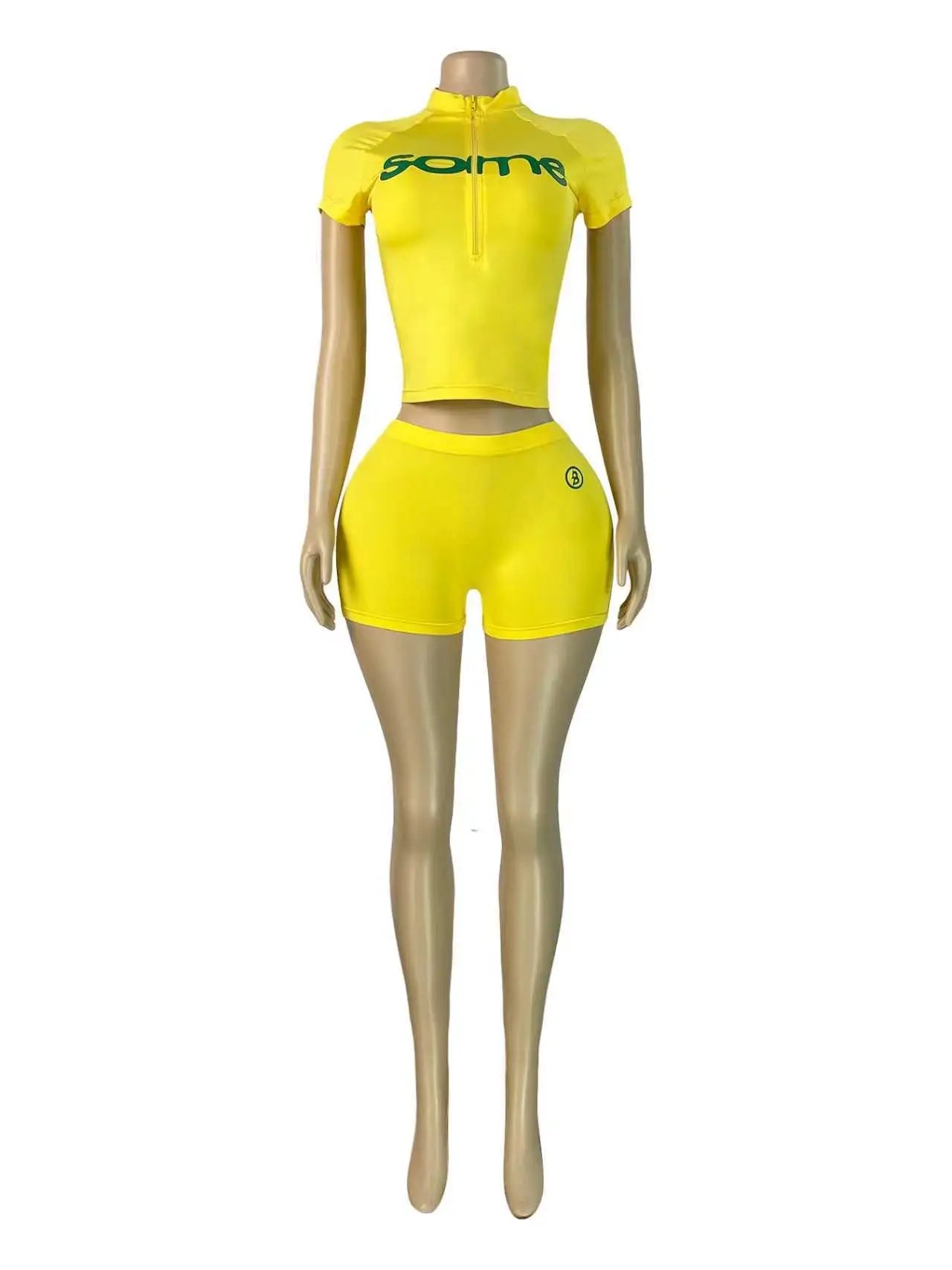 FAGADOER Fashion Letter Print Shorts 2 Piece Suits Casual Zipper Stand Collar Crop Top + Bodycon Shorts Outfits Streetwear Sets