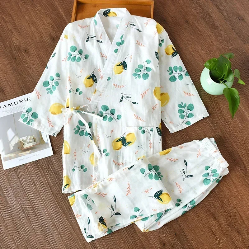 2026 new seven-sleeve Japanese-style kimono pajamas set female spring and autumn 100% cotton gauze home clothes cute sweet two-p