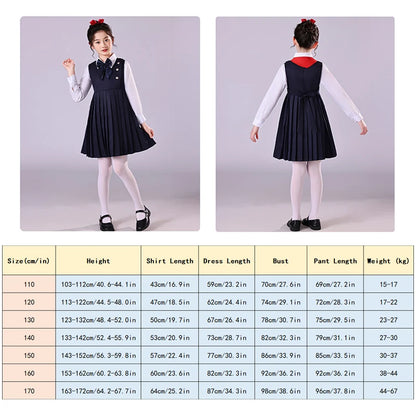 Girls Preppy Style Pleated Jumper Dress Headdress + Bow Tie Pants Suit Children Choir Poetry Performance Fashion School Uniform