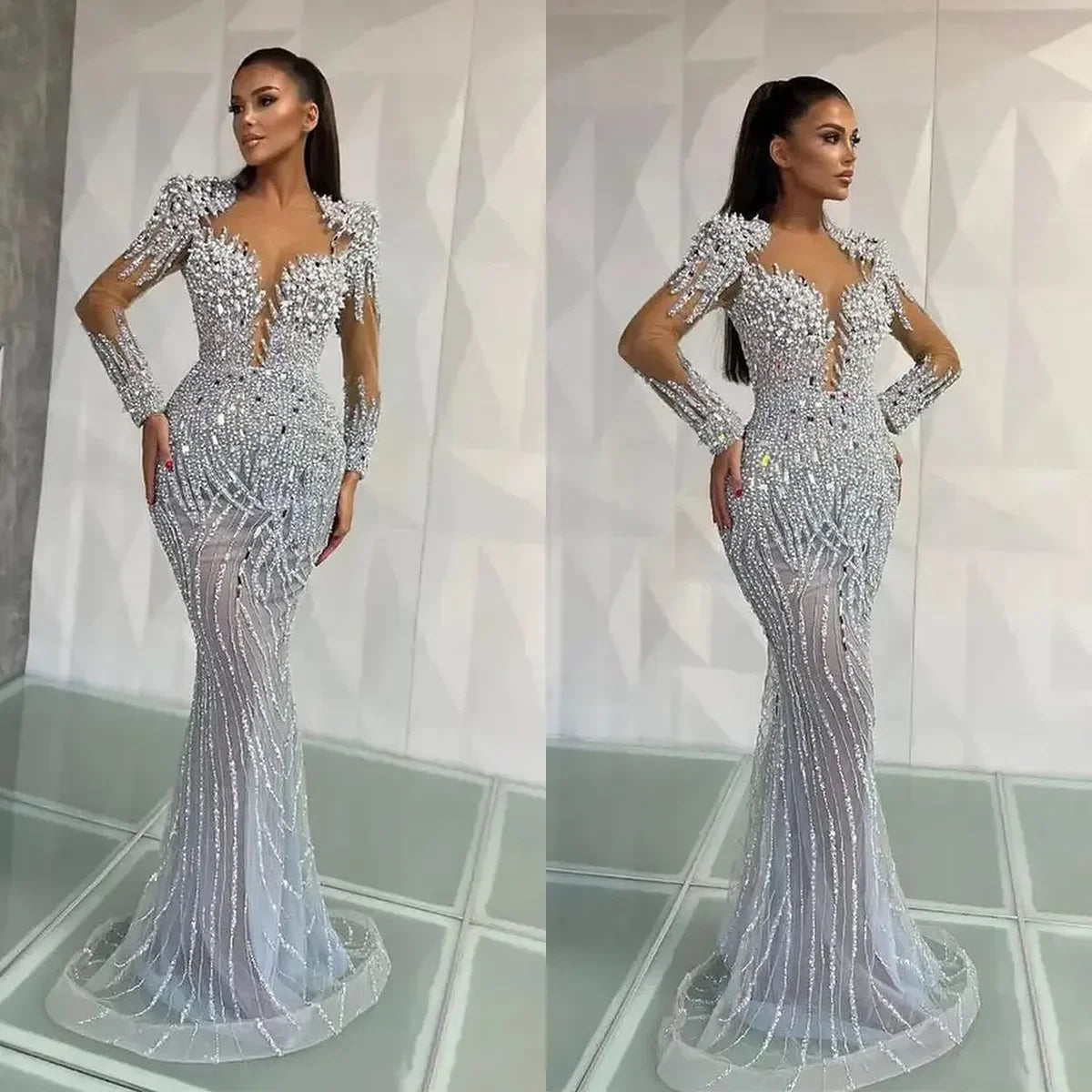 Customized Gorgeous Mermaid Prom Dresses Long Sleeves Illusion Shining Sequins Beads Pleats Court Gown Plus Size Party Dress