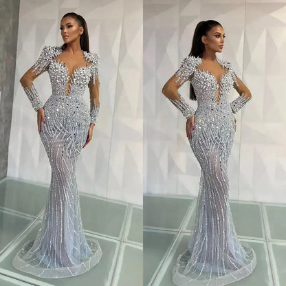 Customized Gorgeous Mermaid Prom Dresses Long Sleeves Illusion Shining Sequins Beads Pleats Court Gown Plus Size Party Dress