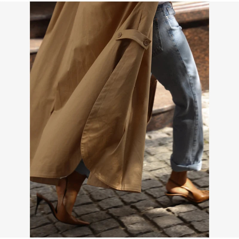 Women's Brown Stand Up Collar Long Long Trench Coat  Lantern Sleeve Side Slit Loose Windbreaker 2026 Spring Autumn Fashion Coat