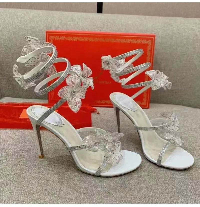 Luxury Rhinestones Flowers Women Gladiator Sandals Sexy Snake Twine Ankle Strap High heels Summer Wedding Prom Shoes Sandalias