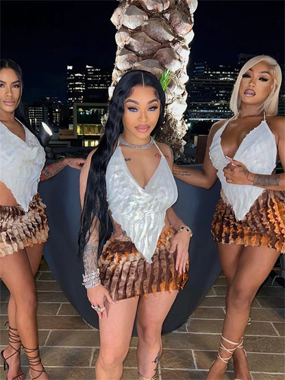 kliou Summer Women Mini Sexy Mesh Two Piece Set K23S37851 Girl Print Ruched Halter Camisole+Hip Skirt Outfit Dance Club Attire
