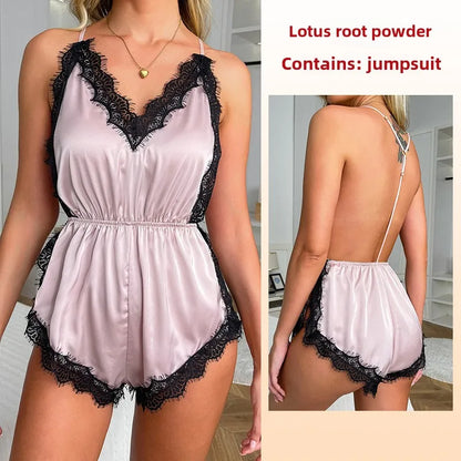 Sexy Adult Womens Clothing Temptation Camisole Shorts Pajamas One-Piece Ice Silk Nightdress Solid Color Print V-Neck Loungewear