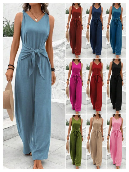 Fashion Solid Jumpsuit For Women Casual Sleeveless V Neck Lace-Up Wide Leg Pants Jumpsuits Lady Summer Holiday Womens Clothing