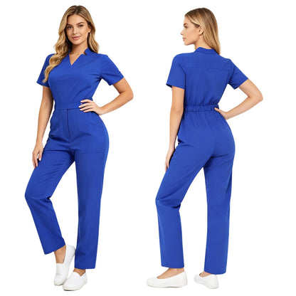 Womens Scrubs Jumpsuit Soft Stretch Medical Scrub Set with Pockets Front Zipper Elastic Waist Jogger Pants Nurse Doctor Workwear
