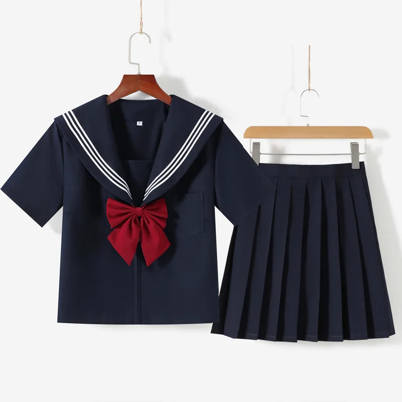 Navy Blue JK Uniform, Red Tie Three Basic Sailor, Short/long Sleeve Japanese School Uniforms For Girls Pleated Skirt JK Sets