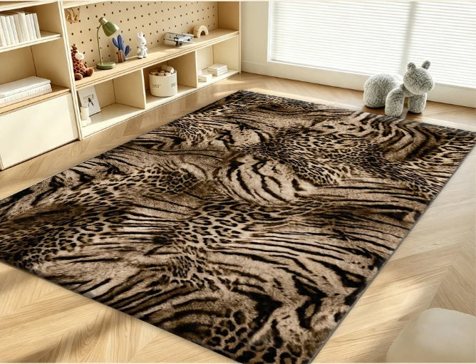 Animal Print Leopard Zebra Mix Area Rug Brown Beige Non‑Slip Carpet Floor Mat for Living Room Bedroom Home Decor