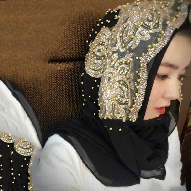 Chiffon Hijab Scarf Muslim Islamic Hijabs Scarves for Woman Long Headwraps with Bead Head Scarf Shawl Wrap Prayer Turbante