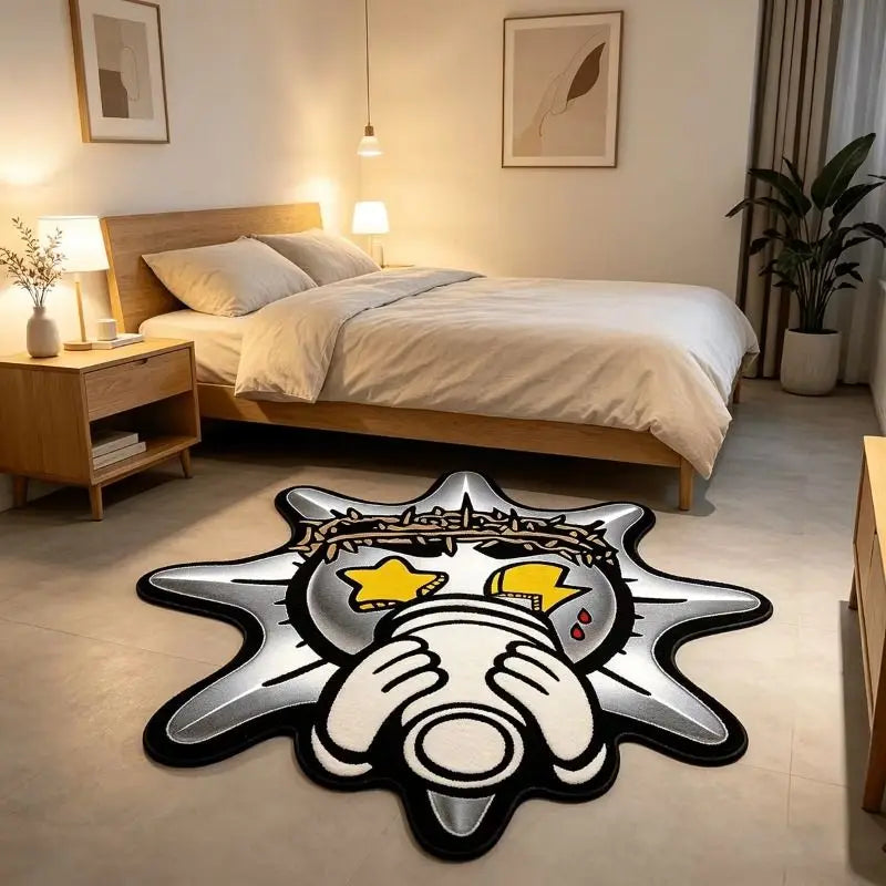 VIKAMA Cartoon Star Rug, Street Art Star-Eyed Character Plush Floor Mat, Bedroom and Living Room Rug, Home Decor