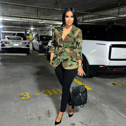 Women Camouflage Coats Belted Jacket Long Sleeves Notch Lapel Collar Single Breasted Slim Streetwear Casual 2025 Spring Autumn