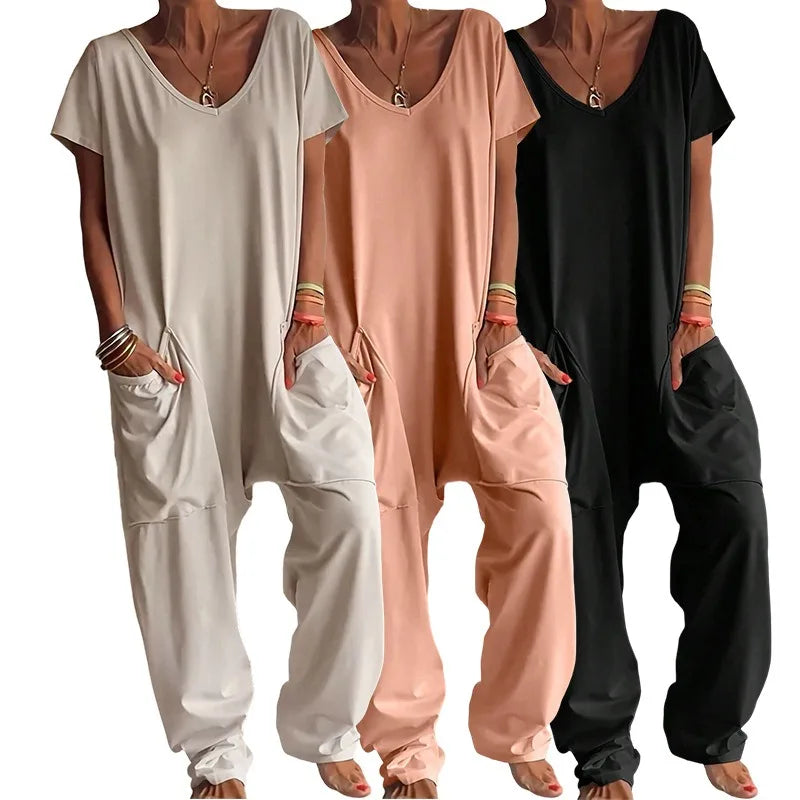 Women Summer Solid V Neck Jumpsuit European Hot Oversized Pockets Low Crotch Loose Rompers Ladies Casual Daily Outfit