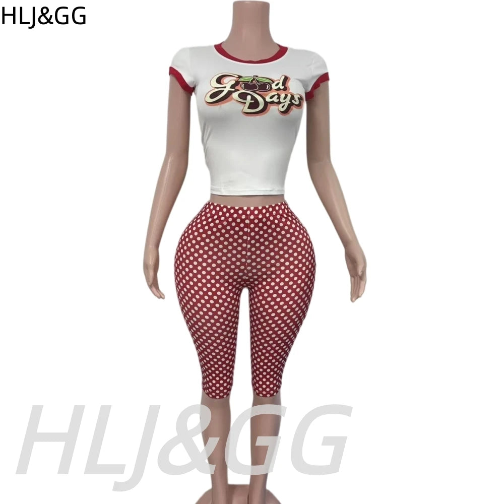 HLJ&GG Fashion Y2K Letter Print Tshirts Two Piece Sets Women O Neck Short Sleeve Crop Top And Polka Dot Shorts Outfit Streetwear