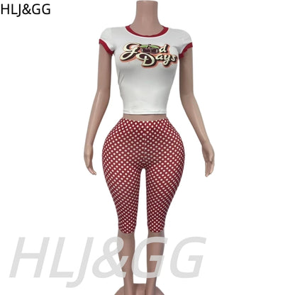 HLJ&GG Fashion Y2K Letter Print Tshirts Two Piece Sets Women O Neck Short Sleeve Crop Top And Polka Dot Shorts Outfit Streetwear