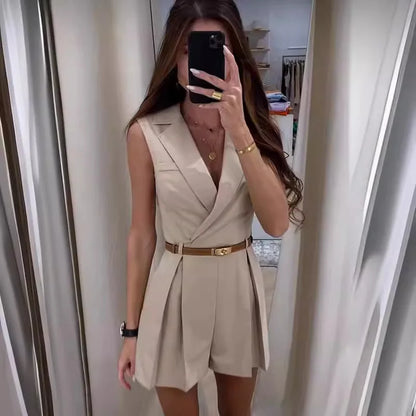 Women Playsuits Solid Turn Down Collar Rompers One Piece High Waist Sleeveless Jumpsuits Shorts Elegant Office Lady Summer 2026