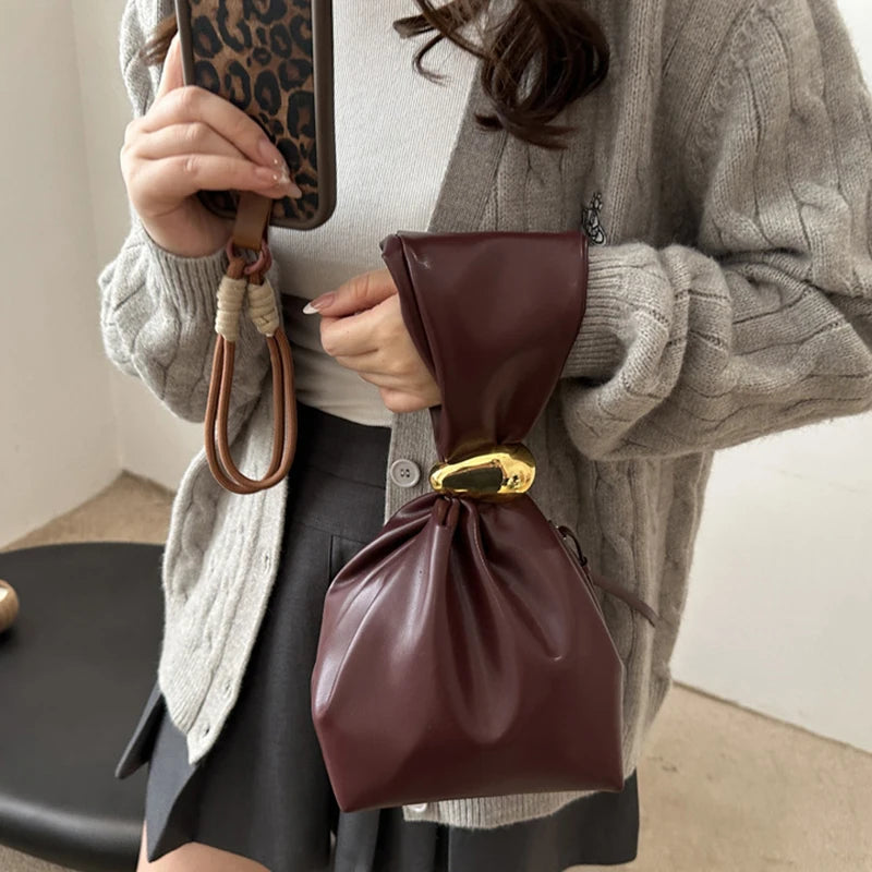 Mini PU Leahter Underarm Pleated Cloud Bag For Women 2025 Fashion Designer Female Retro Bucket Shoulder Bag Handbags And Purses
