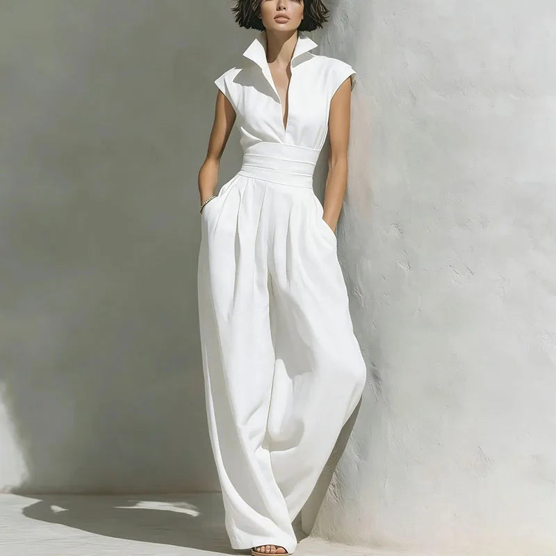 New Chic Solid Pockets Vacation Overalls Summer High Waist Low Cut Women's Romper Turn-down Collar Sleeveless Wide Leg Jumpsuits