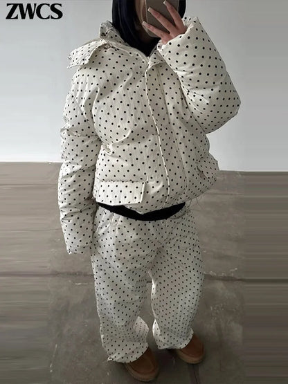 Polka Dots Hooded Cotton Coats Trousers Set 2026 Winter Loose Zippers Drawstring Jacket Elastic Waist Pants Women's Warm Outfits