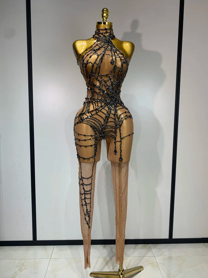 STOCK Sparkly Diamond Women Sexy Mesh Jumpsuit Nightclub Bar Party Show Gogo Dancer Clothing Drag Queen Outfit Stage Costume