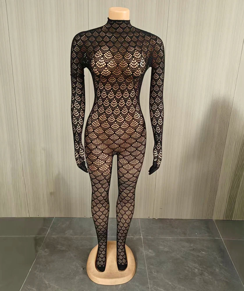 Women's Jumpsuits Lace See Through Mesh Stretch Rompers Sexy One Piece Backless Bodycon Jumpsuit Night Out Club Party Wear