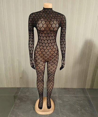 Women's Jumpsuits Lace See Through Mesh Stretch Rompers Sexy One Piece Backless Bodycon Jumpsuit Night Out Club Party Wear