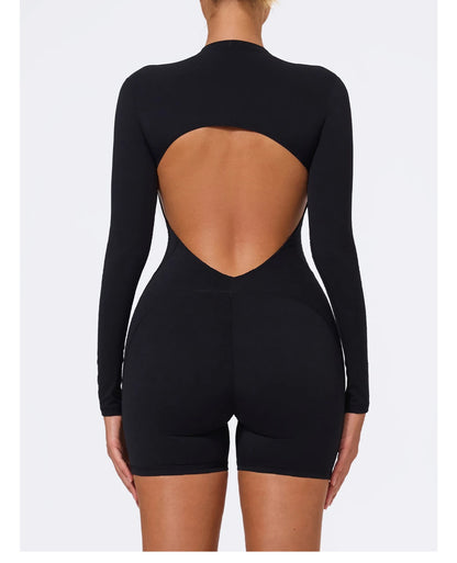 Summer V Back Scrunch One-Piece Suit Push Up Sports Jumpsuit Woman Fitness Zipper Overalls Workout Rompers Women Gym Bodysuits