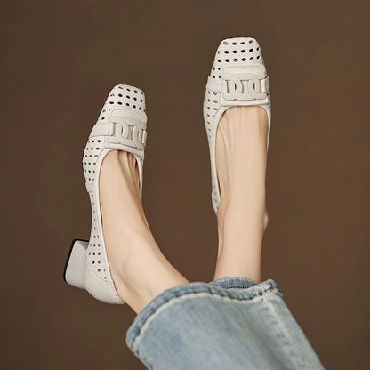French Retro Woven Women Pumps Breathable Square Toe Block High Heels Elegant Hollow Office Lady Shoes Luxury Designer Sandals