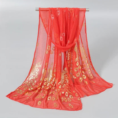 Women Glitter Thin Muffler Solid Color  Elegant Hijab Scarf Chiffon Long Scarves Gold Peacock Print Wrap Shawl Georgette Scarf