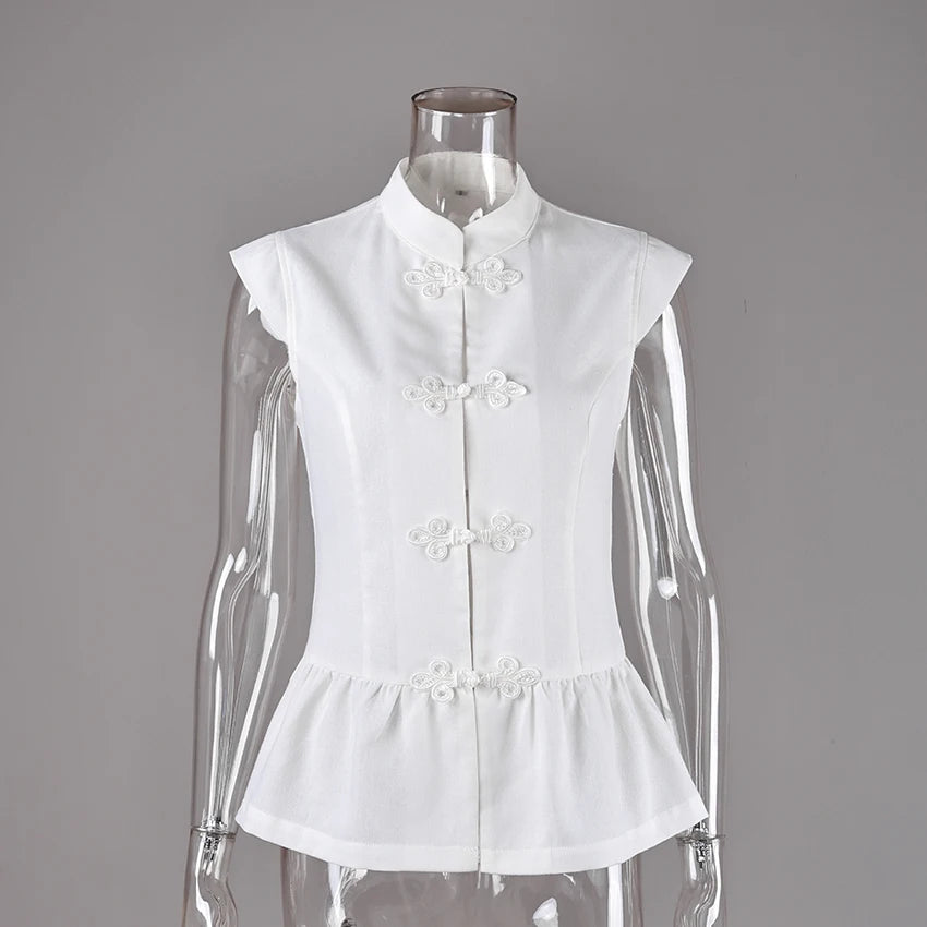 Linad Summer Chinese Style White Single Breasted Vest Woman Vintage Slim Stand Collar Tops 2026 Street Chic Sleeveless Tank Top