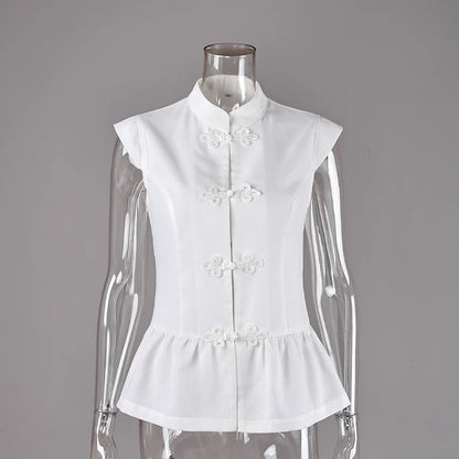 Linad Summer Chinese Style White Single Breasted Vest Woman Vintage Slim Stand Collar Tops 2026 Street Chic Sleeveless Tank Top