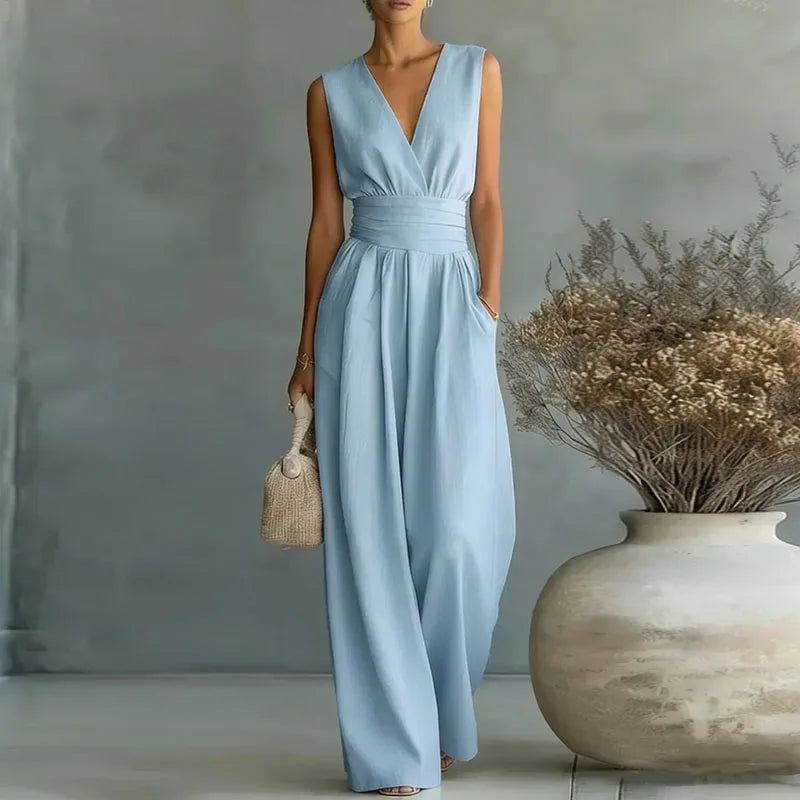 OL Style Solid High Waist Draped Jumpsuits Woman 2026 Spring V Neck Wide Leg Trousers Overalls Casual Half Sleeve Rompers Outfit