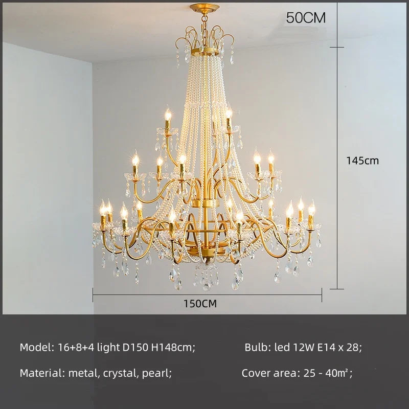 French Candle E14 Led Chandelier Villa Stairs Pearl Crystal Led Pendant Lights Hotel Art Decor Suspend Light Led Luminarias