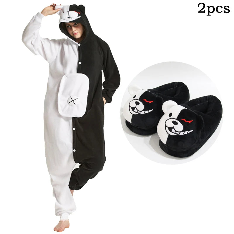 Monokuma Unicorn Kigurumi Pajama Adult Onesie Anime Bear Jumpsuit Black White Animal Pajamas Women Halloween Party Suit Overall