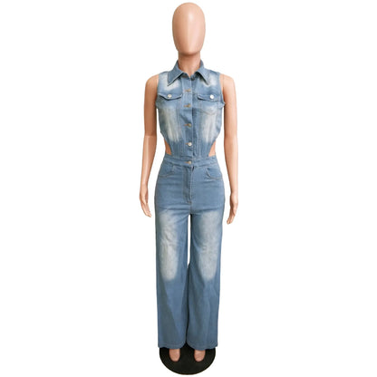 Jumpsuits Women Denim Pants One Piece Sleeveless Turn Down Collar Overalls Sheath Sexy Straight Long Pant Rompers Slim Fit