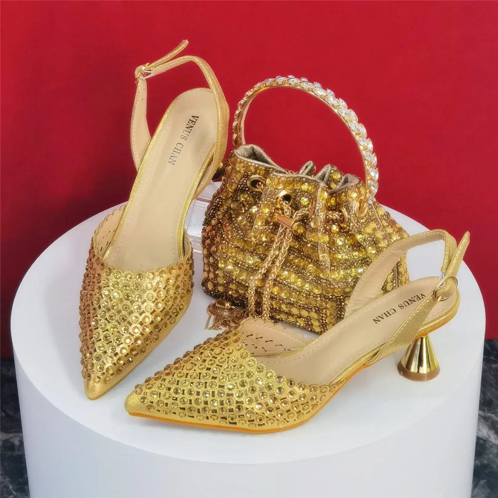 Multicolor Rhinestone Heels & Bag Set | Crystal Pointed Slingback Pumps, Women Wedding Bridal Evening Party Matching Shoes Handb