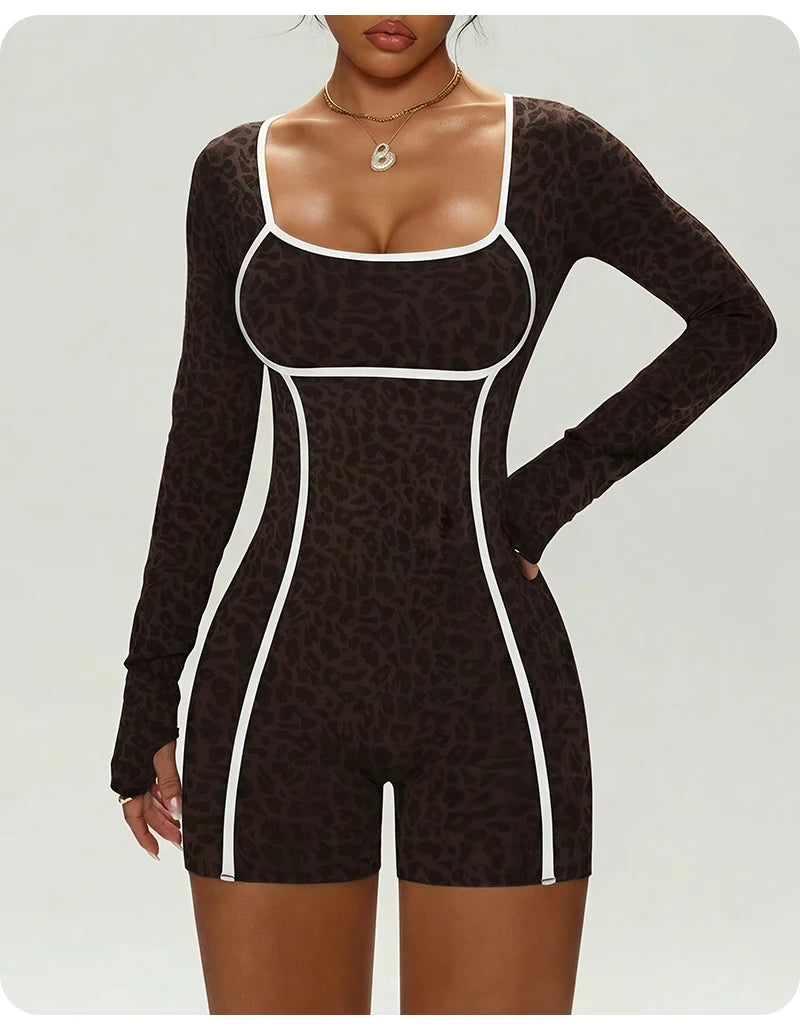 Women's Leopard Print Long Sleeve Yoga Jumpsuit Slim Fit One Piece Workout Romper Shorts Athletic Fitness Bodysuit