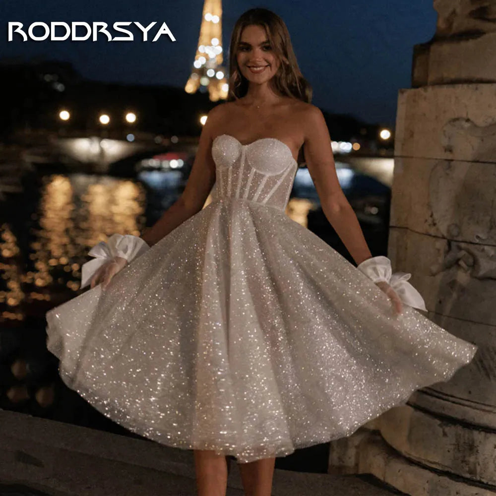 RODDRSYA Short Sparkly Wedding Dress Knee Length vestidos de novia Strapless Glitter Tulle Bride Dresses A Line Sleeveless Women