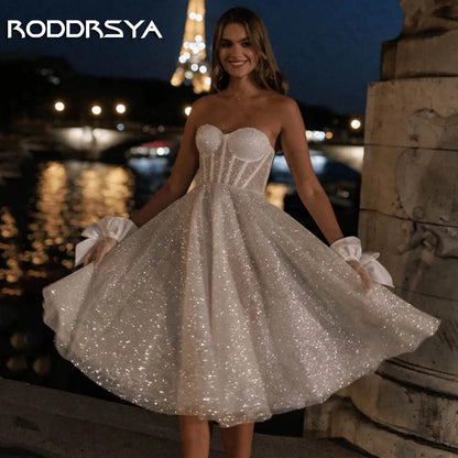 RODDRSYA Short Sparkly Wedding Dress Knee Length vestidos de novia Strapless Glitter Tulle Bride Dresses A Line Sleeveless Women