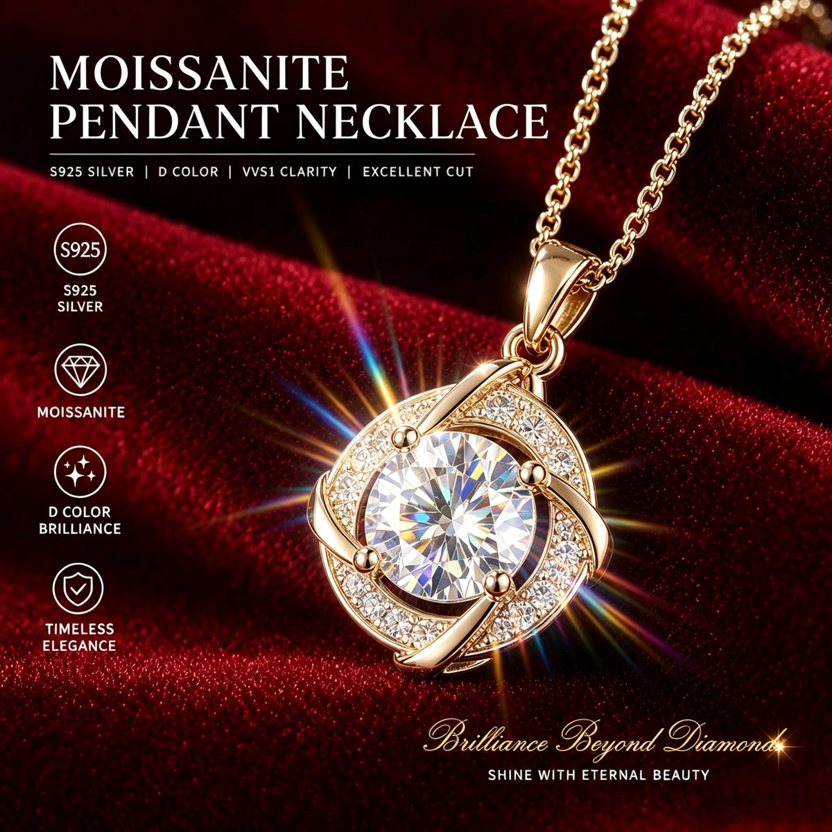 Sparkling 0.5-2.0ct VVS1 D Color Moissanite Necklace S925 Sterling Sliver Chain With Certificate 18K Gold Plated Fine Jewelry