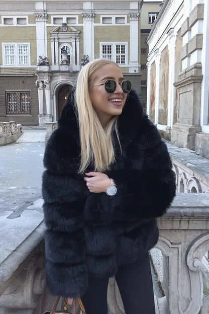Fashion Winter Women Imitation Fox Fur Jacket Hooded Loose Long Sleeves Female Eco Fur Coat Patchwork Plush Thick Lady Fur Coat