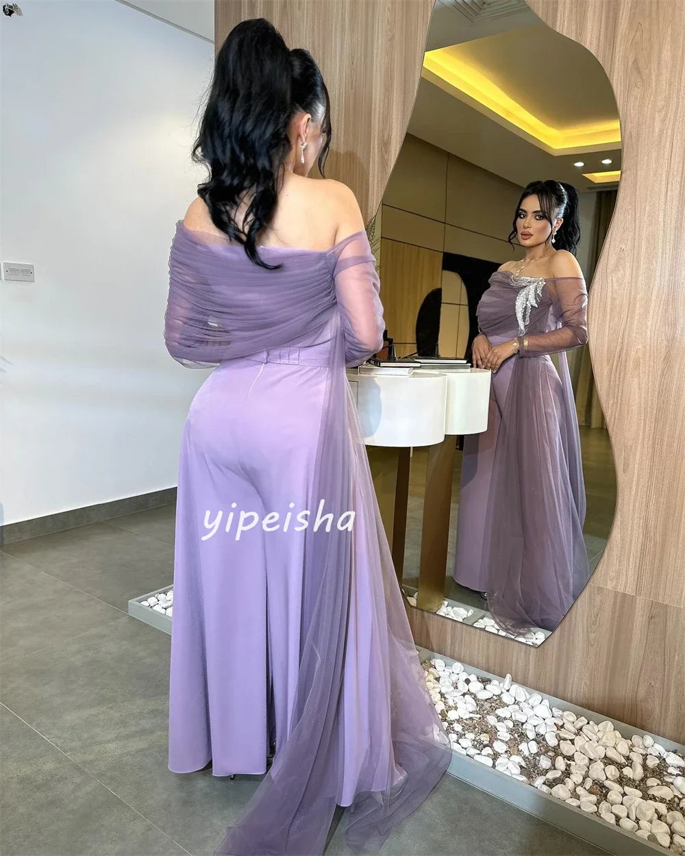 Customized Jersey Applique Cocktail Party A-line Off-the-shoulder Bespoke Occasion Gown Midi Dresses
