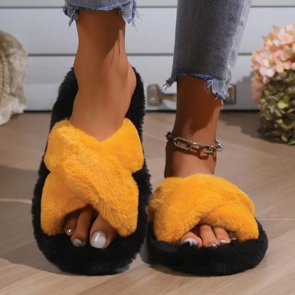 Women Open‑Toe Fuzzy Slippers Winter Autumn Thick Sole Non‑Slip Fluffy House Maternity Slippers Indoor Outdoor Wear