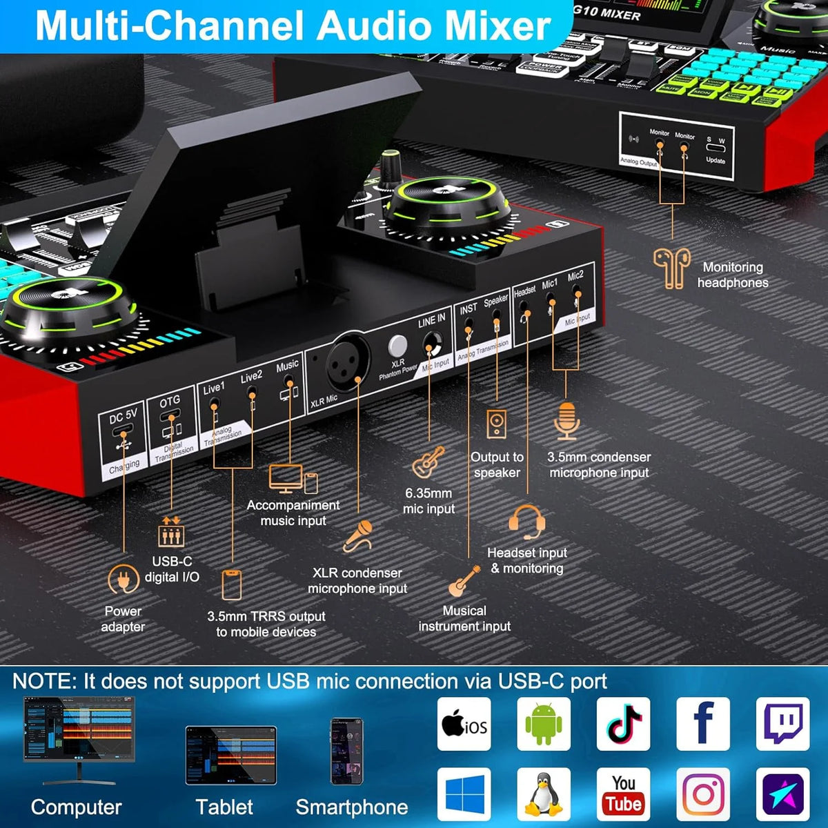 Tenlamp Podcast Equipment Bundle for 4 People, G10-BM800 Live Sound Card Audio Mixer Kit with Voice Changer, Bluetooth DJ Sound Board for PC Smartphone Laptop, Studio Recording Streaming Gaming Karaoke YouTube Vlog