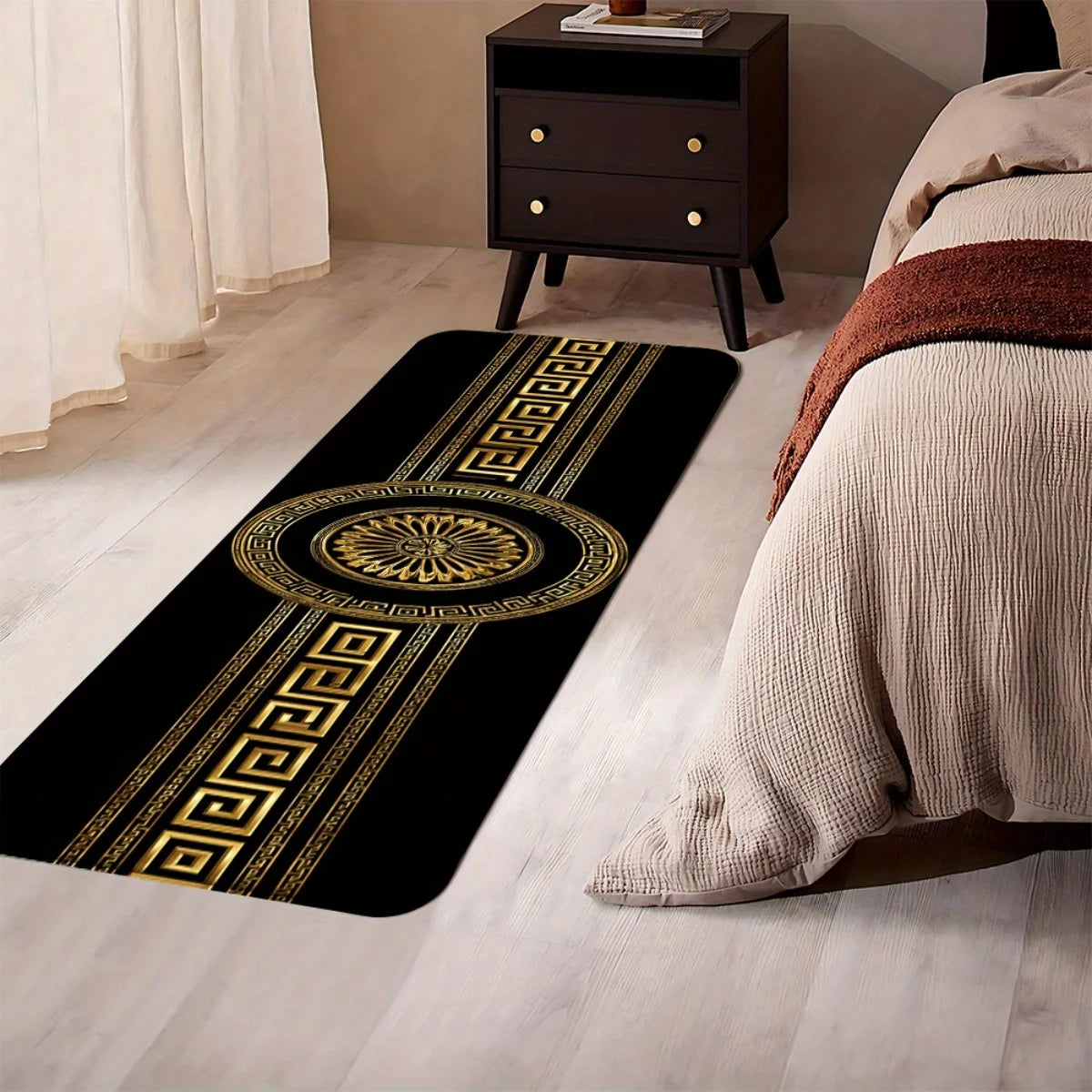 Luxury Black Gold Greek Key Print Runner Rug, Non-Slip Washable Durable Mat for Kitchen, Laundry Room, Entryway & Elegant Home