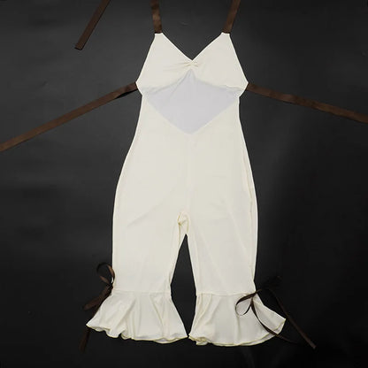 Joskaa Bowknot Decorate Halter Apricot Jumpsuit Women Hipster Sexy V-neck Backless Bandage Skinny Rompers Beach Holiday Clubwear