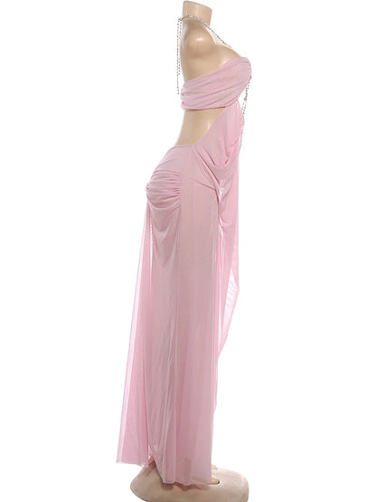 Nibber Prom Party Gown Dress Woman Sexy See Through Luxury Chain Halter Low-Neck Backless Sleeveless Midnight Elegant Vestidos