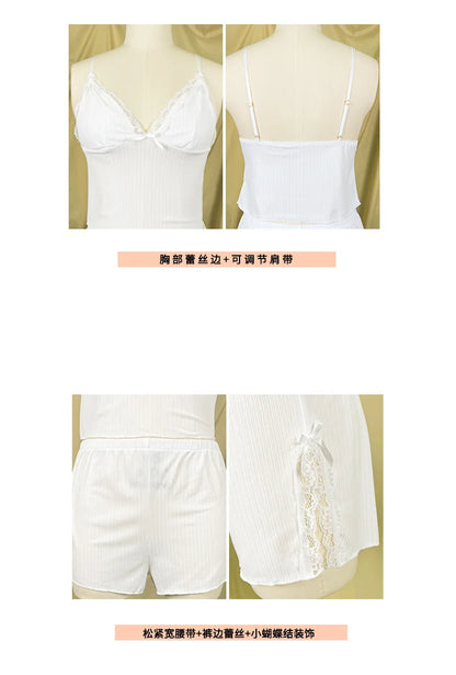 Women's Ribbed Lace Camisole Shorts Pajama Set Summer Breathe Sleeveless Sleepwear 2 Piece Set Female Soft Elastic Homewear