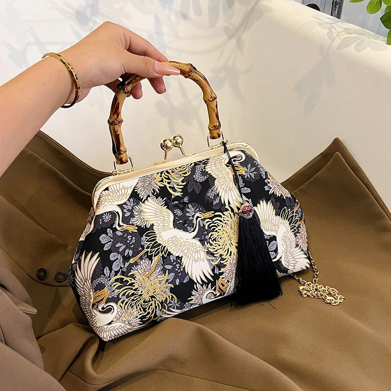 Designer Bamboo Handle Handbag Retro Embroidery Women Evening Bag High-end Nylon Crossbody Bag Luxury Lady Shoulder Bags Satchel