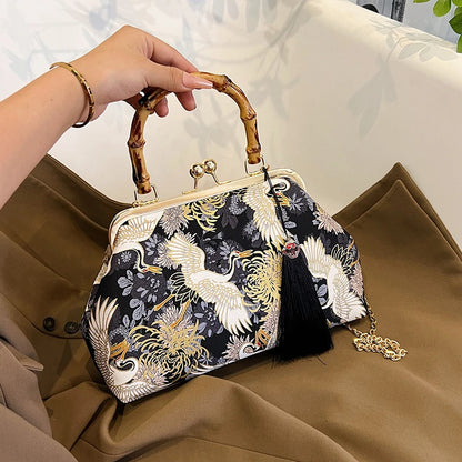Designer Bamboo Handle Handbag Retro Embroidery Women Evening Bag High-end Nylon Crossbody Bag Luxury Lady Shoulder Bags Satchel